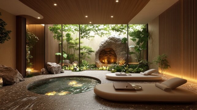 serene sanctuary showcasing a minimalist spa design with tranquil waterside setting lush greenery and relaxing loungers a harmonious blend of nature and modern luxury