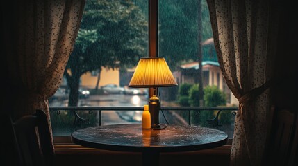 Warm lamplight in rainy window