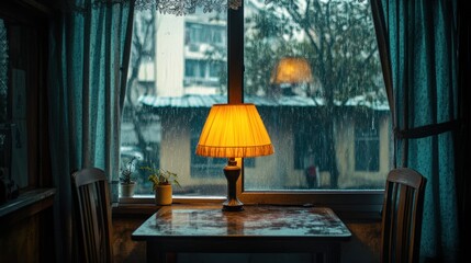 Rainy window, warm lamp