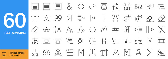 Text formatting icon set. Minimalist typography vector symbols. Includes AI-style letters, numbers, highlights, symbols for data visualization, digital content, coding and more. Editable stroke.