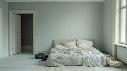 Empty bedroom interior, pale walls, unmade bed