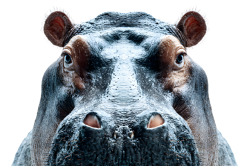 Closeup view of hippopotamus face looking forward isolated on transparent background