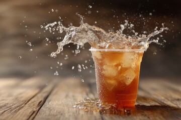 A cup of iced tea spills creating a large splash of water