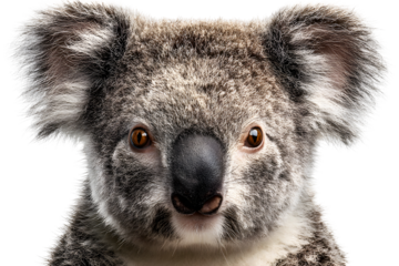 Close-up of cute koala face with fluffy fur isolated on transparent background