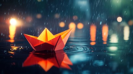 Origami boat on a rainy night