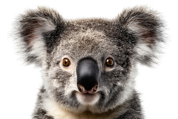Obraz premium Close-up of cute koala face with fluffy fur isolated on transparent background