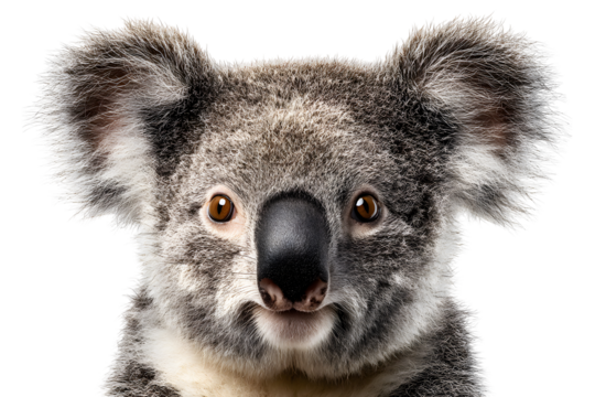 Close-up of cute koala face with fluffy fur isolated on transparent background