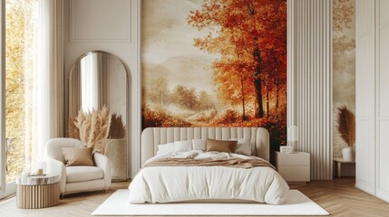 Modern bedroom with autumnal wall art