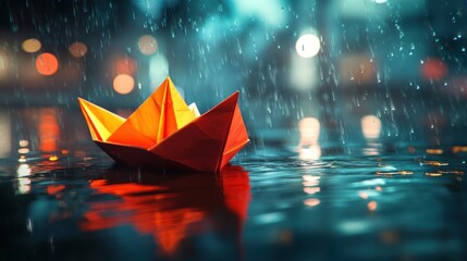 A paper boat in a rainy city