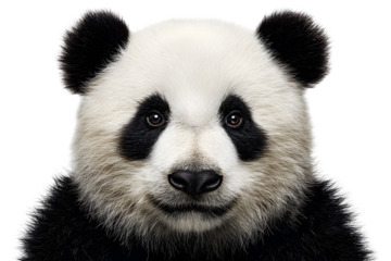 Closeup of giant panda face with black and white fur isolated on transparent background