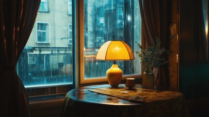 Rainy window, warm lamplight