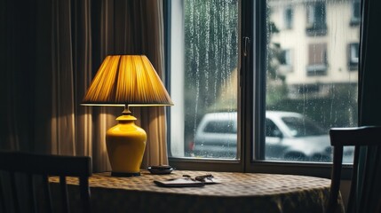 A warm lamp illuminates a rainy day scene