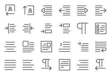 Paragraphs icon set. Minimal vector line icons for text layout. Includes first line, multiple lines, font elements and more. Editable flat design.