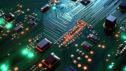 Obraz premium Illuminated Circuit Board: A Microscopic View of Technological Marvel
