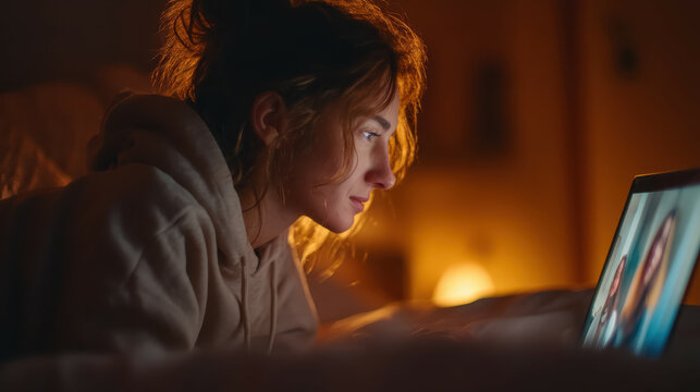 A young woman watches a laptop while laying on the bed, warmly lit by the screen