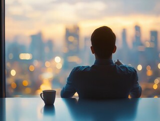 Man Contemplating City Sunset View From Office Window