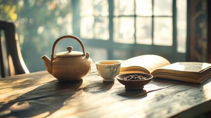 A still life of tea ceremony items on a wooden table, bathed in sunlight through a window