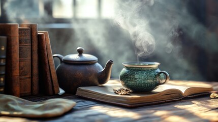 Cozy tea break with books