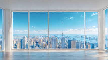 A view from a modern office with a stunning city view.	The interior of a modern, empty high-floor office, looking out through a floor-to-ceiling window at a stunning, sunny city skyline.
