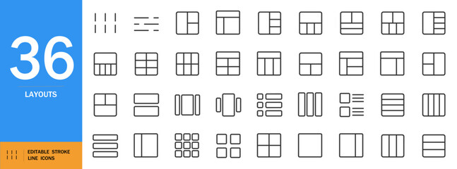 Layouts icon set. Minimalist window vector collection. Square and rectangular frames pack. Bold black outline icons for mobile UI, web design, and more. Editable stroke.