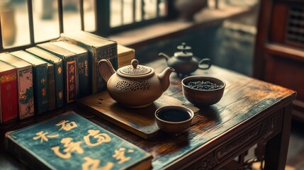 Antique tea set on a wooden table in a room with books and windows