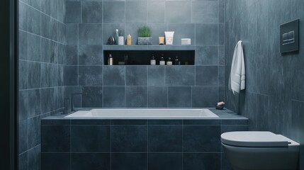 Modern gray bathroom with recessed shelves