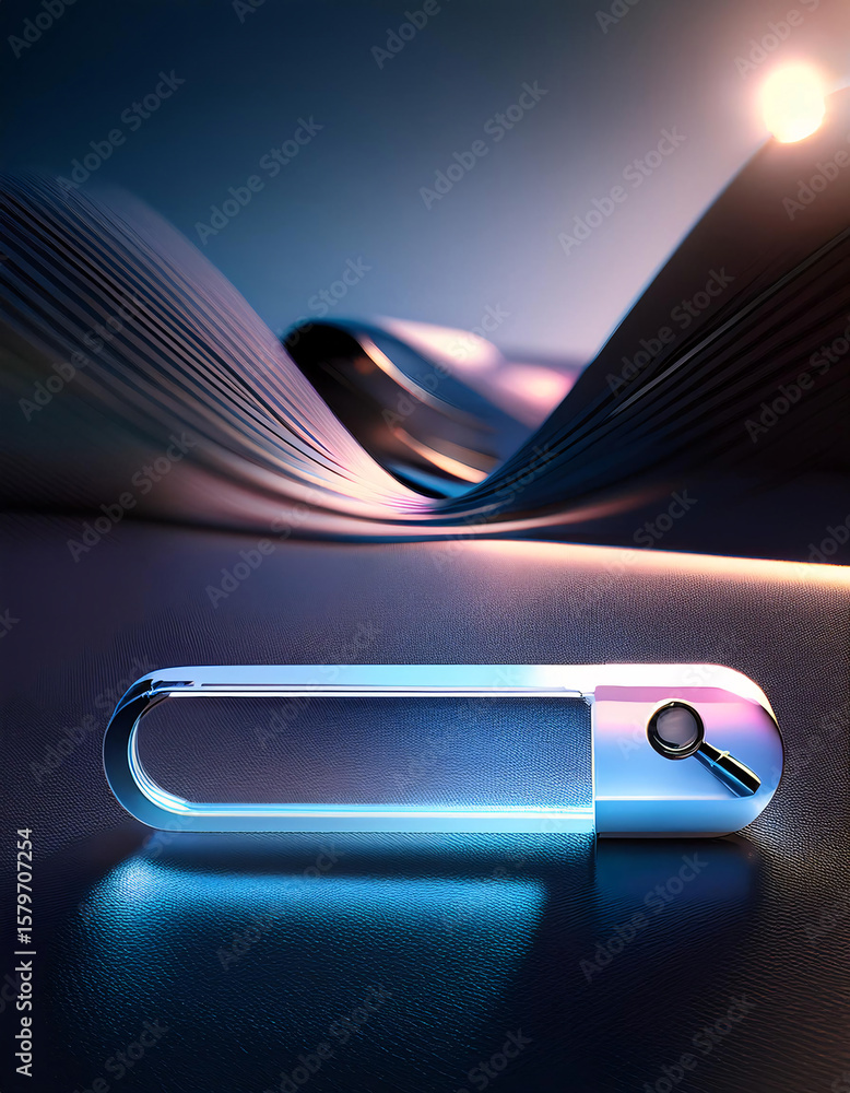 Poster a futuristic, illuminated search bar with a magnifying glass icon, set against a sleek, abstract bac