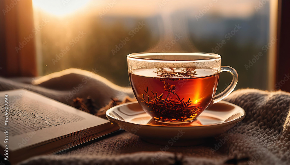 Poster a steaming cup of green tea with a book and a blanket on a windowsill. generative ai
