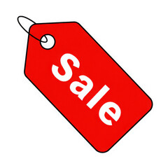 Red sale tag with white text isolated on transparent background