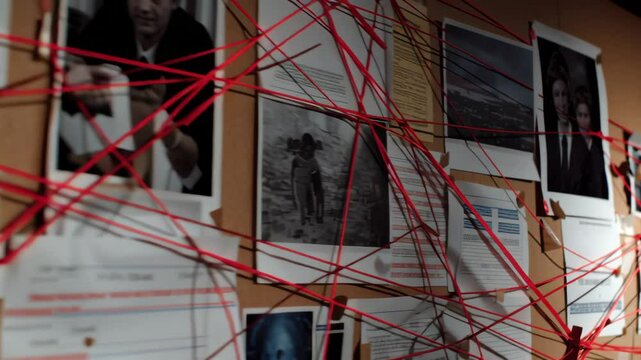 Investigation board with photos, documents, and red string connecting evidence revealing complex fraud case details and crucial