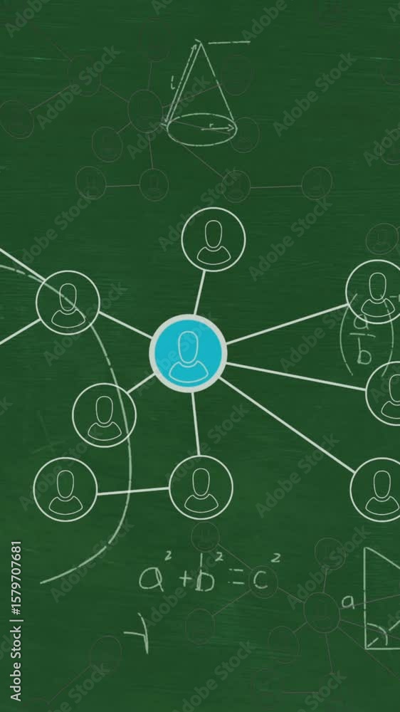Poster Animation of network of connections with icons over mathematical equations on green background