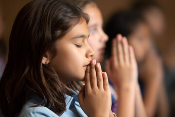 A group of young children with closed eyes, hands clasped together in prayer. They are focused and serene, participating in a community gathering. Catholic Religion worship. Generative AI.