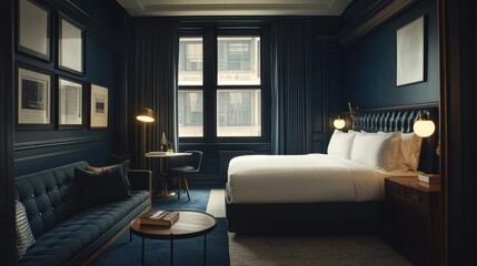 Elegant, modern hotel room with dark blue accents