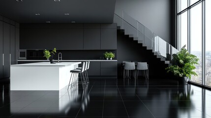 Modern dark kitchen with city views