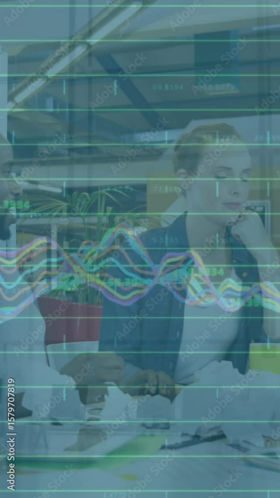 Poster animation of data processing over diverse stressed colleagues discussing together at office