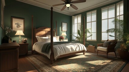 Bedroom interior, warm lighting