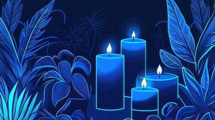 Neon blue candles amongst tropical foliage