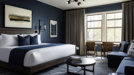 Modern hotel bedroom with comfortable seating