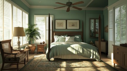 Sunny bedroom interior with classic furniture