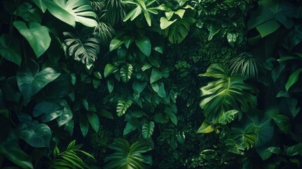 Lush green tropical foliage wall