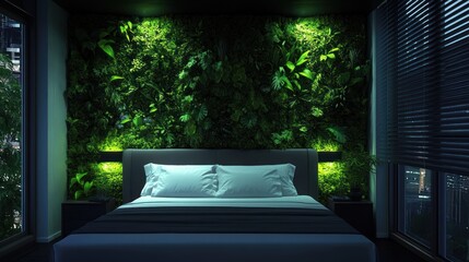 Modern bedroom with a living wall at night.  City view