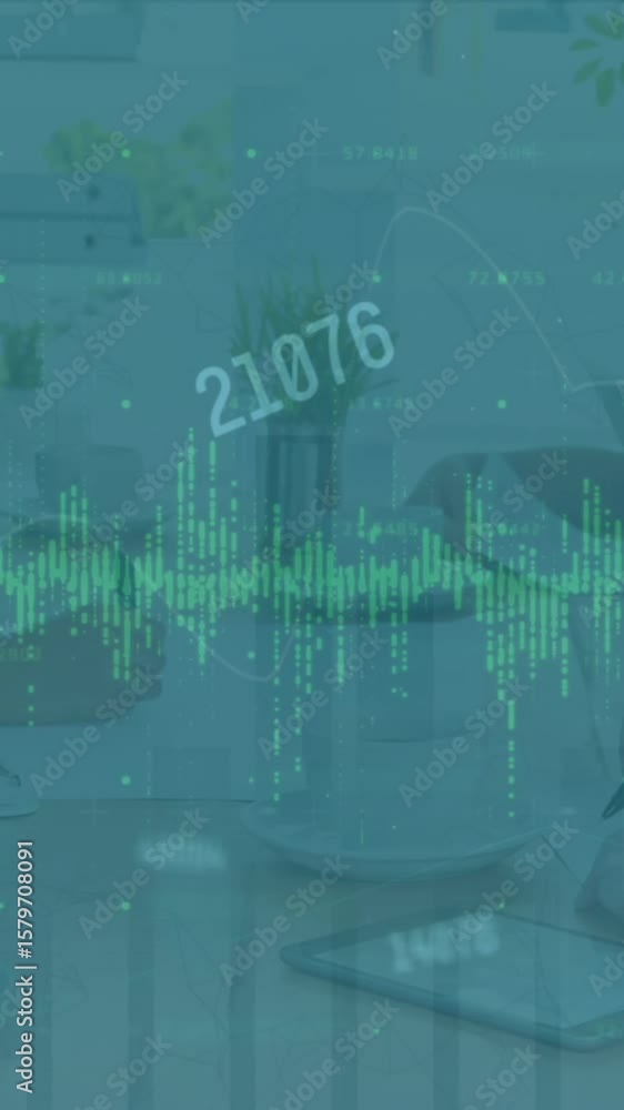 Poster animation of graphs and changing numbers over diverse board members business meeting in office
