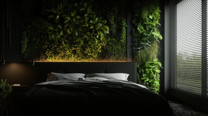 Dark bedroom with lush vertical garden