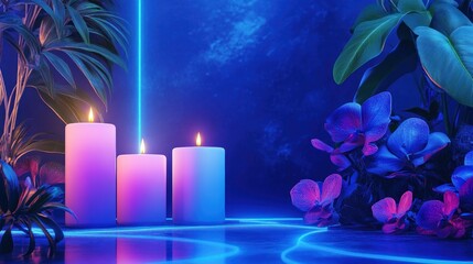 Neon-lit candles amidst tropical plants