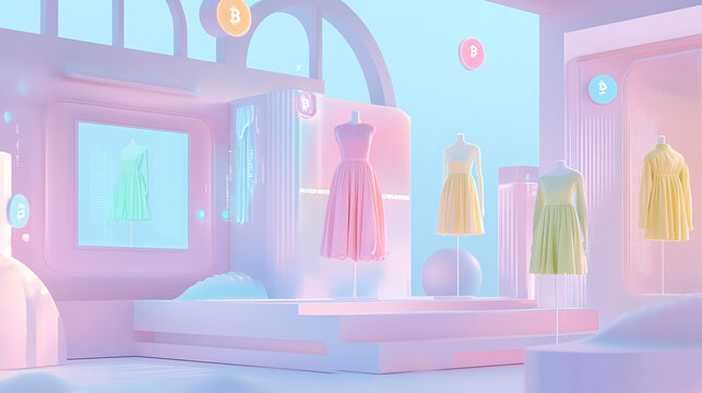 A pastel 3D fashion collection on digital mannequins, with crypto tokens floating and blockchain garment verification shown on soft, transparent screens.