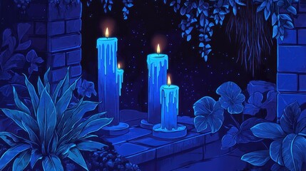 Night garden with glowing candles