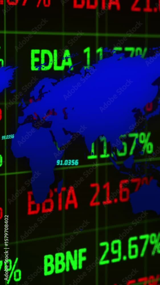 Poster animation of data processing and stock market over world map on black background