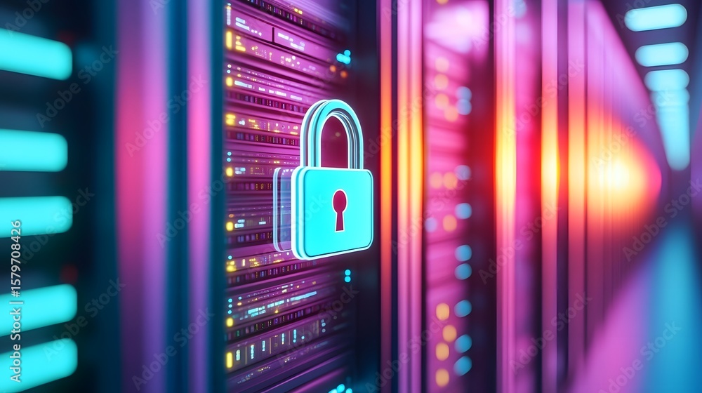 Poster secure data center with illuminated lock icon