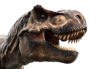 Close-up view of a realistic 3D T-Rex dinosaur with detailed textures and sharp teeth, isolated on transparent background