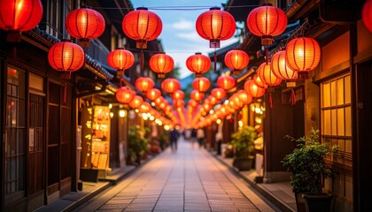 提灯が灯る夏祭りの夕暮れ商店街